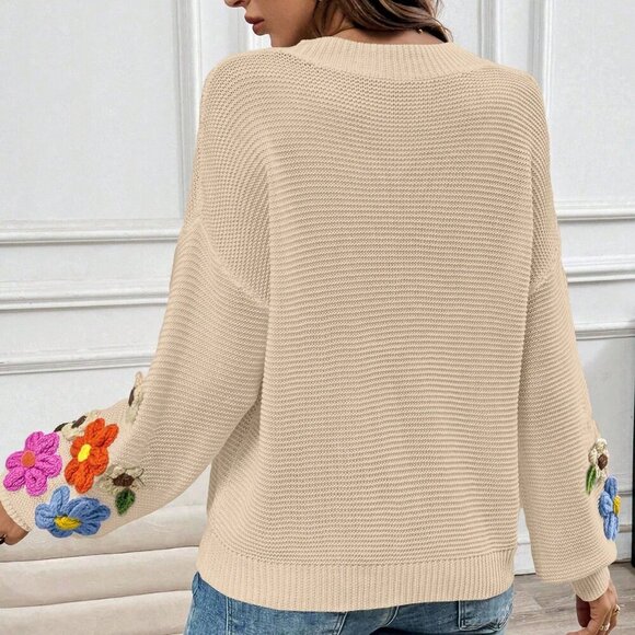 Apricot Casual Women's V-Neck Crochet Lantern Sleeve Pullover Sweater - Picture 3 of 7